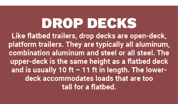 DROP DECKS Like flatbed trailers, drop decks are open deck, platform trailers. They are typically all aluminum, combi...