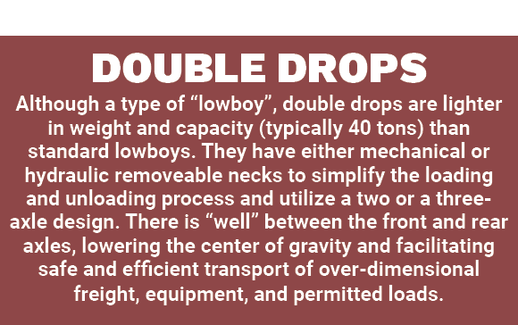 DOUBLE DROPS Although a type of “lowboy”, double drops are lighter in weight and capacity (typically 40 tons) than st...